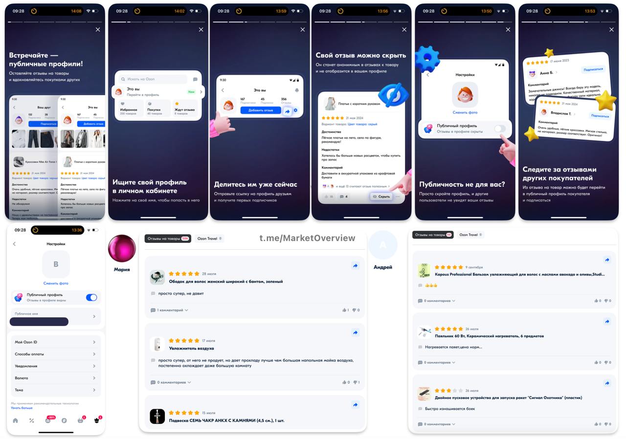 Ozon открыл для всех доступ к вашим покупкам  В августе Ozon начал тестировать новый функционал "Публичный профиль", который открывает доступ третьим лицам к вашим отзывам на маркетплейсе. Протестировали функции и обнаружили, что по отзывам действительно можно увидеть Имя пользователя, Дату написания отзыва и Ссылку на полную карточку товара. Однако отзывы на некоторые категории товаров Ozon убирает из публичного профиля.  По умолчанию публичный профиль подключен всем. Как отключить в мобильном приложении: Профиль - Перейти в профиль - Настройки - Публичный профиль - тумблер выкл.  Комментарий Ozon: Ozon тестирует новую опцию в приложении — “Публичный профиль”. В нем собираются отзывы на приобретенные товары за исключением ряда категорий, которые пользователь оставил не анонимно. В рамках действующего теста оказаться на странице человека с публичным профилем можно только перейдя по ссылке-приглашению, которой пользователь поделился с другими покупателями. Данные клиента в формате “имя-фамилия” не подтягиваются автоматически в оставляемые отзывы или публичный профиль — используется имя и первая буква фамилии, если она указана. Клиент всегда может при желании скрыть отдельные отзывы, а также изменить "публичное имя". Клиент всегда может полностью скрыть свой профиль — для этого нужно зайти в личный кабинет и отключить функцию. В этом случае другие покупатели увидят заглушку “пользователь скрыл свой профиль” и не смогут посмотреть оставленные отзывы - marketplace_biz  Соблюдаем цифровую гигиену. Если есть огромное желание оставить отзыв, всегда можно написать его анонимно, в функционале маркетплейса предусмотрена такая опция.