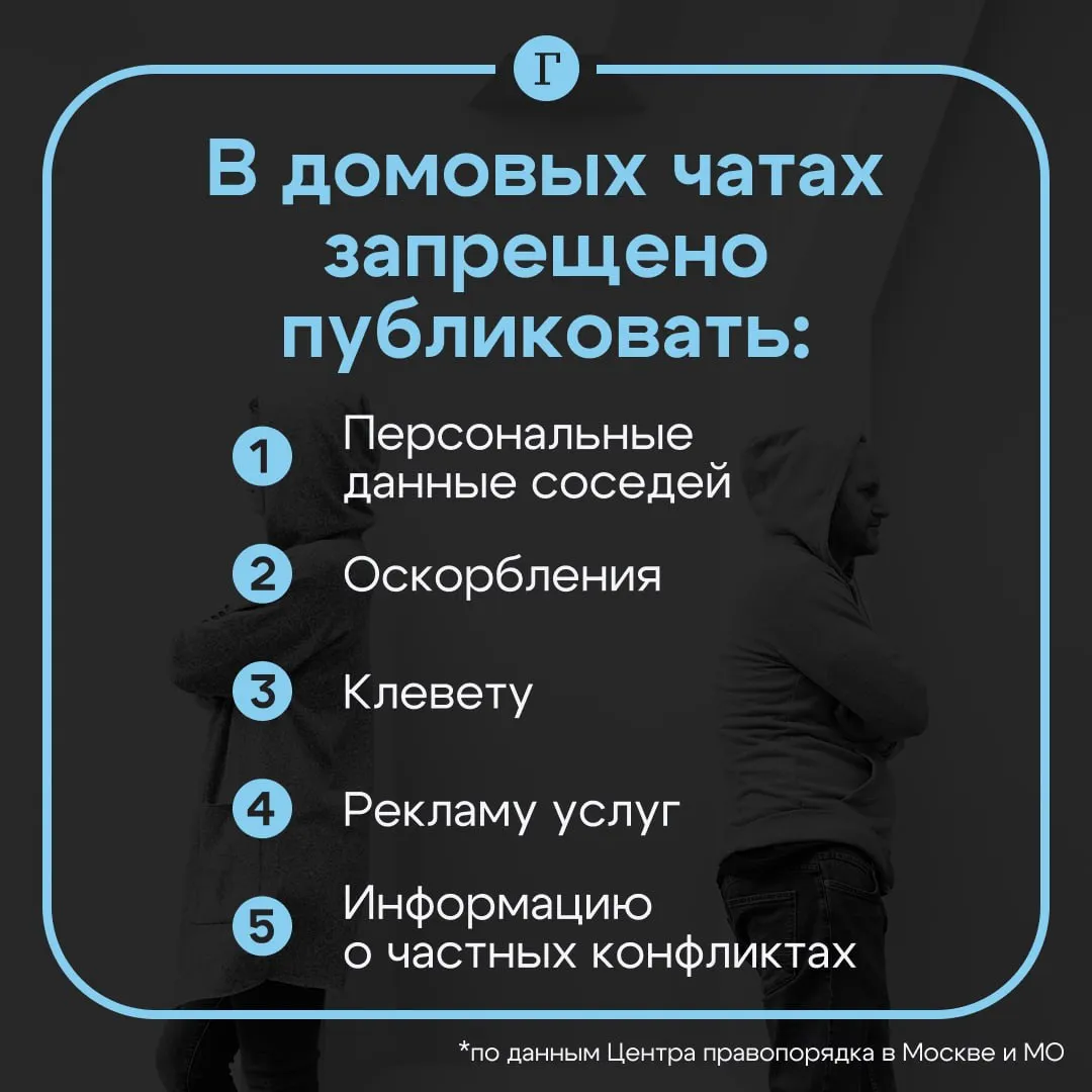 За фото соседей в домовом чате грозит ответственность предупредил юрист Такие сообщения могут использоваться в суде в качестве доказательств так как они считаются разглашением персональных данных без согласия человека что в России наказуемо как административно тик и уголовно Об этом рассказал юрист Александр Хаминский По его словам в таких чатах запрещено публиковать   персональные данные соседей фамилию имя и отчество номера квартир телефоны фотографии сведения о долгах   оскорбления   клевету   рекламу услуг   информацию о частных конфликтах   Юрист обратил внимание что практика управляющих компаний когда публикуются списки квартир с указанием задолженности является незаконным распространением персональных данных и влечет ответственность Отправьте этот пост в домовой чат чтобы все знали