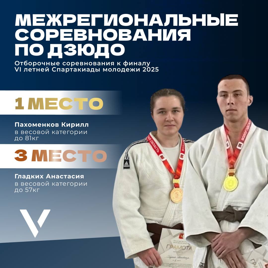 10-12 мая в городе Череповец состоялись межрегиональные соревнования по дзюдо среди юниоров и юниорок до 21 года - отборочные соревнования к финалу VI летней Спартакиады молодежи 2025 года Наши студенты проявили своё мастерство и заняли места на пьедестале! Анастасия Гладких в категории до 57 кг Кирилл Пахоменков в категории до 81 кг Поздравляем спортсменов с отличными результатами! Впереди много ярких достижений