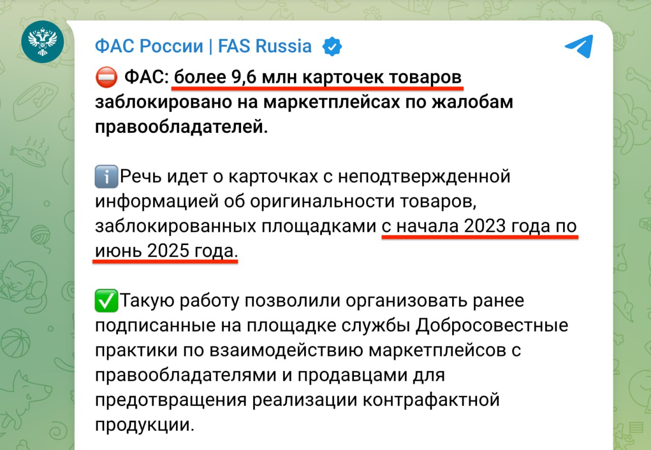 ФАС заблокировала 9,6 млн карточек товаров на маркетплейсах Речь идет о карточках с неподтвержденной информацией об оригинальности товаров контрафакте , с начала 2023 года по июнь 2025 года. Если провести несложные арифметические расчеты и взять за основу указанный период, то можно предположить, что в день блокировалось порядка 10,5 тысяч карточек товаров. Тем не менее, маркетплейсы остаются полны контрафакта. клуб партнёров