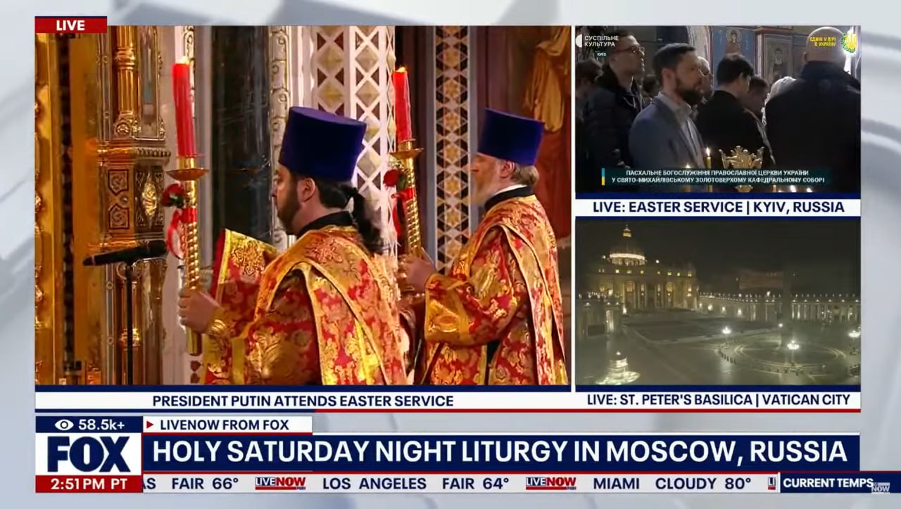 Американский телеканал Fox News в своей трансляции обозначил Киев как часть России. В ходе трансляции торжественных пасхальных богослужений из Ватикана, Москвы и Киева, последний был обозначен на кадре с видами собора в украинской столице как "Киев, Россия".