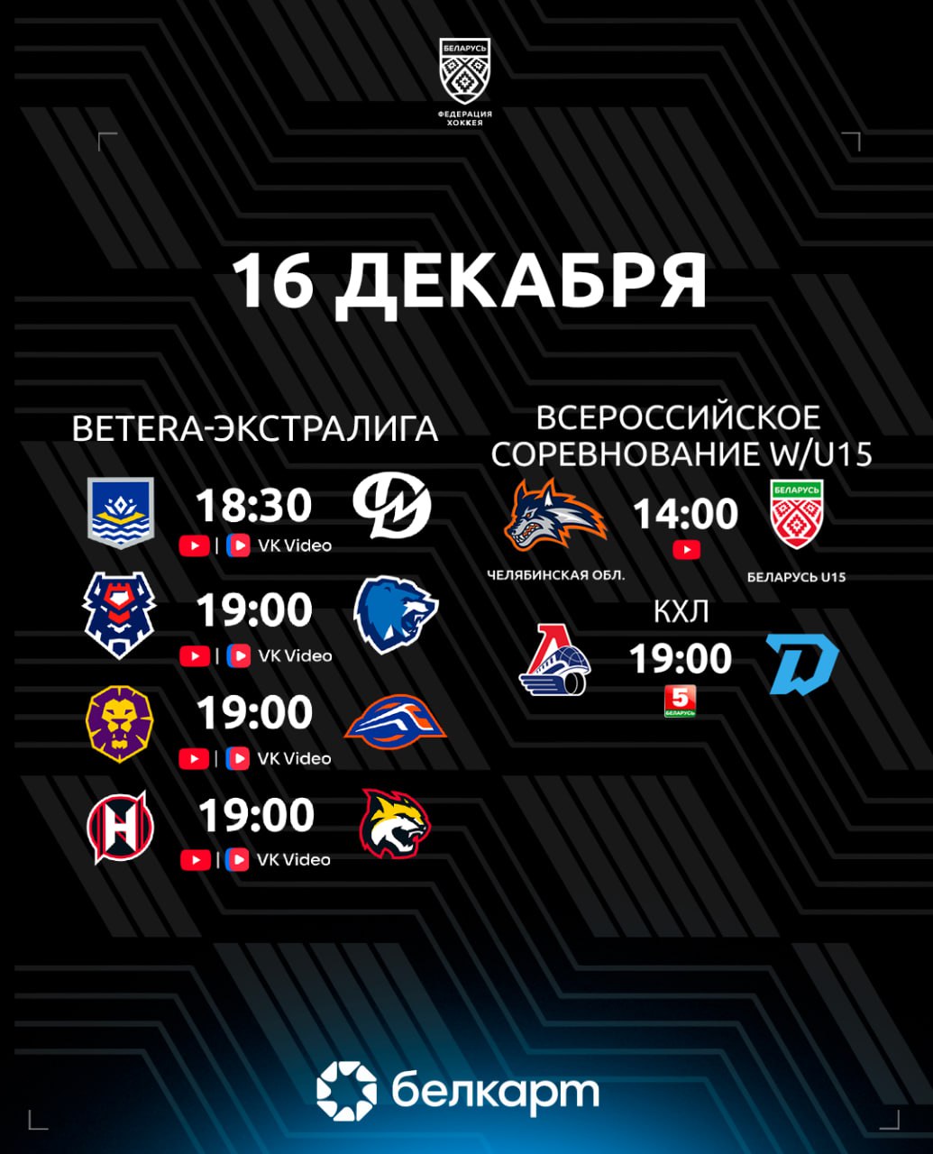 Динамо Минск сыграет с прямым конкурентом на Западе женская сборная Беларуси U15 поборется за 5 8 место Всероссийского соревнования и четыре матча в Betera Экстралиге Всероссийское соревнование 14 00 Челябинская обл Беларусь U15 Betera Экстралига 18 30 Химик Динамо Молодечно 19 00 Брест Витебск 19 00 Могилев Локомотив 19 00 Неман Гомель КХЛ 19 00 Локомотив Динамо Минск   hockeyby