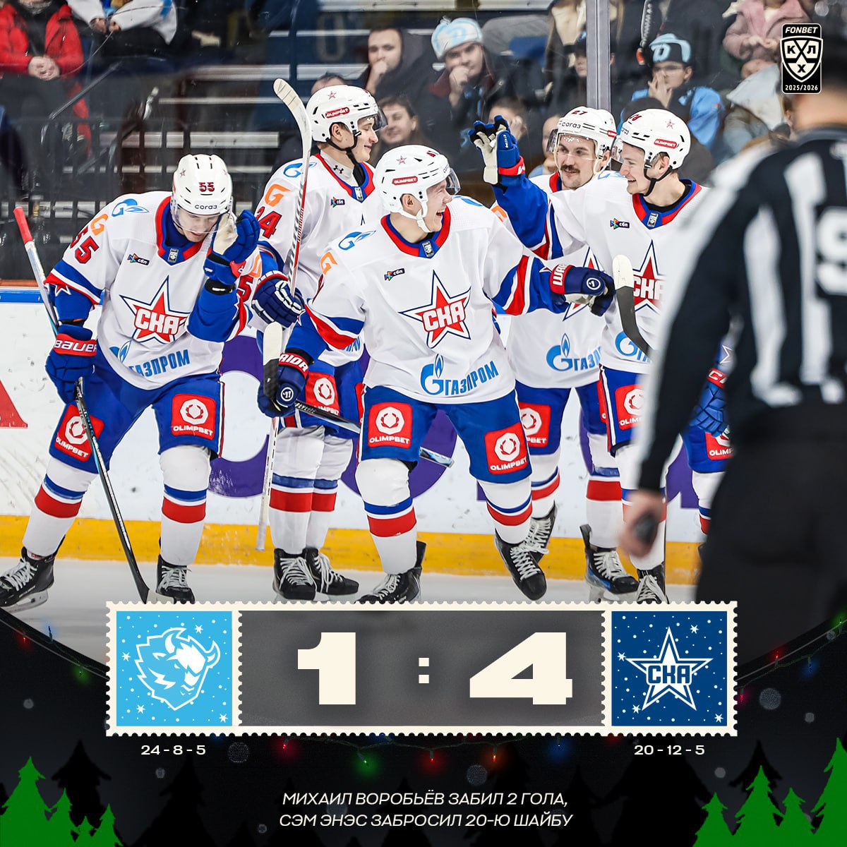 СКА второй раз в сезоне победил минское Динамо в матче КХЛ Петербургский СКА обыграл минское Динамо со счетом 4 1 в гостевом матче регулярного чемпионата Фонбет КХЛ В составе победителей отличились Брендан Лайпсик 6 я минута Матвей Поляков 14 и Михаил Воробьев 28 60 У проигравших шайбу забросил Сэм Энэс 50 Эта победа стала для команды тренера Игоря Ларионова шестой в восьми последних играх Ранее в нынешнем сезоне команды встречались один раз победил тогда тоже СКА 3 2 ОТ СКА набрал 45 очков в 37 матчах и поднялся на шестое место в турнирной таблице Западной конференции Динамо с 53 очками располагается на третьей строчке КХЛ Подписаться на РБК Спорт