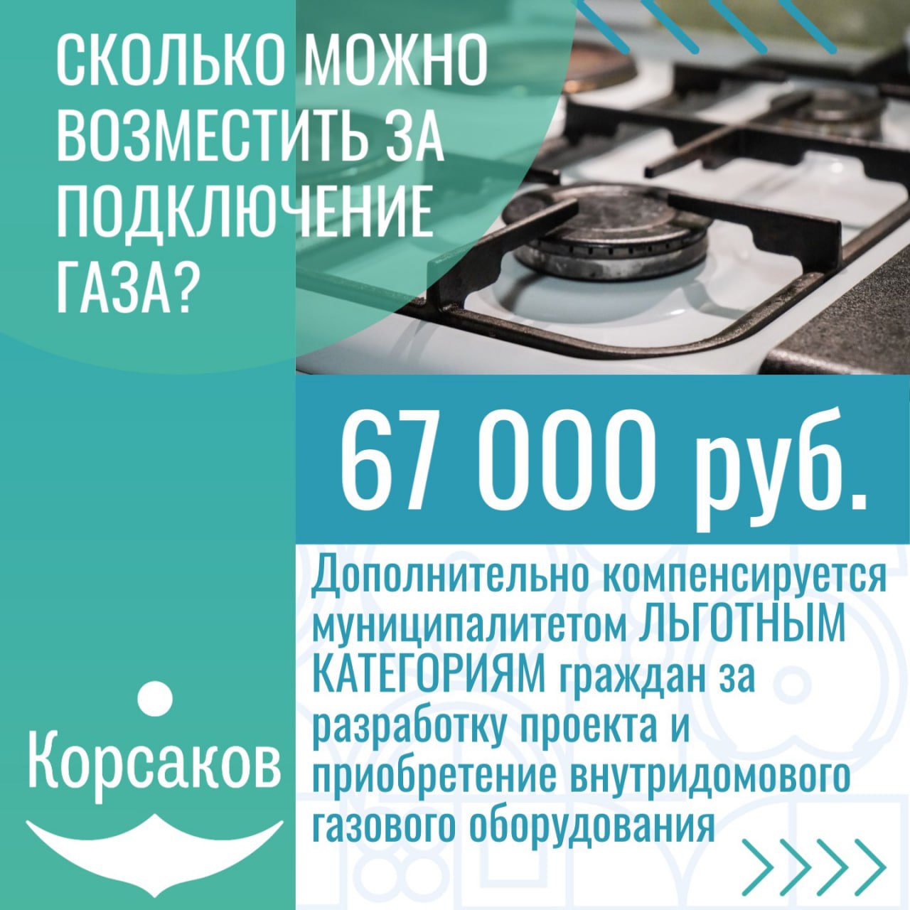 В Корсаковском муниципальном округе действуют следующие меры государственной поддержки на газификацию жилых домовладений:    для всех жителей, осуществивших подготовку домов к приему газа, предусмотрены компенсационные выплаты в размере 180 тыс. рублей;    для льготных категорий граждан предусмотрена компенсация в размере 60 тыс. рублей на покупку газового оборудования и 7 тыс. рублей на проектировку.   Внимание   В Корсаковском муниципальном округе расширили список льготных категорий жителей, которые могут получить дополнительные меры поддержки на газификацию своих домовладений.  Подробности в карточках