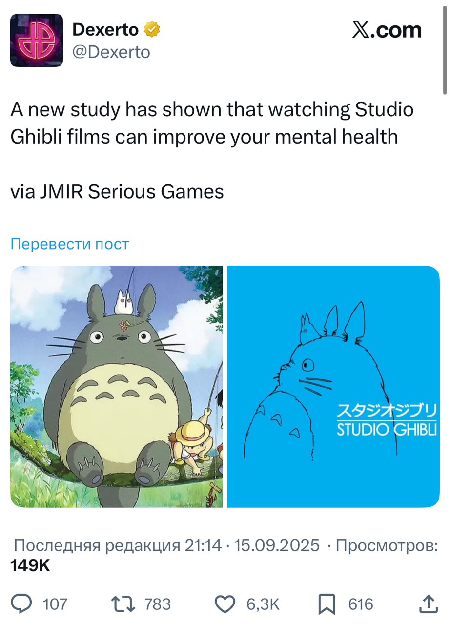 Аниме студии Ghibli и видеоигры УЛУЧШАЮТ психическое здоровье исследование В эксперименте разделили 518 аспирантов на 4 группы Первая играла в The Legend of Zelda Breath of the Wild Вторая смотрела аниме студии Ghibli Третья делала и то и другое Четвёртая не делала ничего из этого Итог группа игравшая в Breath of the Wild сообщила о самом высоком уровне счастья по сравнению с теми кто не играл Эффект был сильнее в сочетании с ностальгическим воздействием фильмов студии Ghibli Вечером идём кормить менталочку