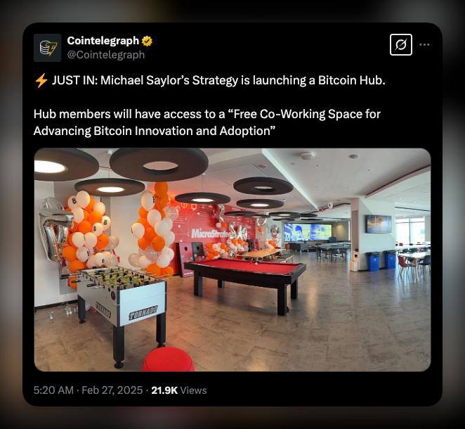 Michael Saylor открывает Bitcoin Hub    Компания Strategy запускает Bitcoin Hub — пространство для работы и развития биткоин-инноваций.    Участники получат бесплатный коворкинг   Доступ к образовательным и аналитическим материалам   Поддержку экосистемы для ускоренного внедрения $BTC