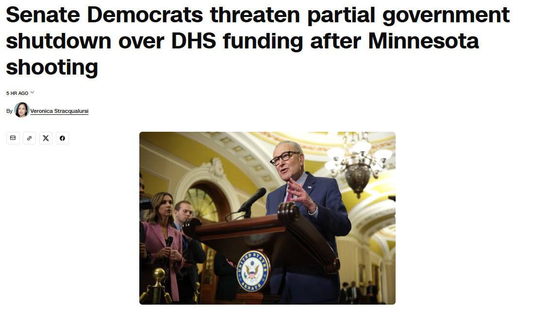 В США может произойти новый шатдаун уже на следующей неделе CNN Демократы заблокируют законопроект о расходах правительства после гибели мужчины в результате огня сотрудников ICE в Миннеаполисе что сильно повышает вероятность частичного шатдауна правительства на следующей неделе отмечает телеканал НАШИ РЕСУРСЫ Telegram Tik tok YouTube RUTUBE