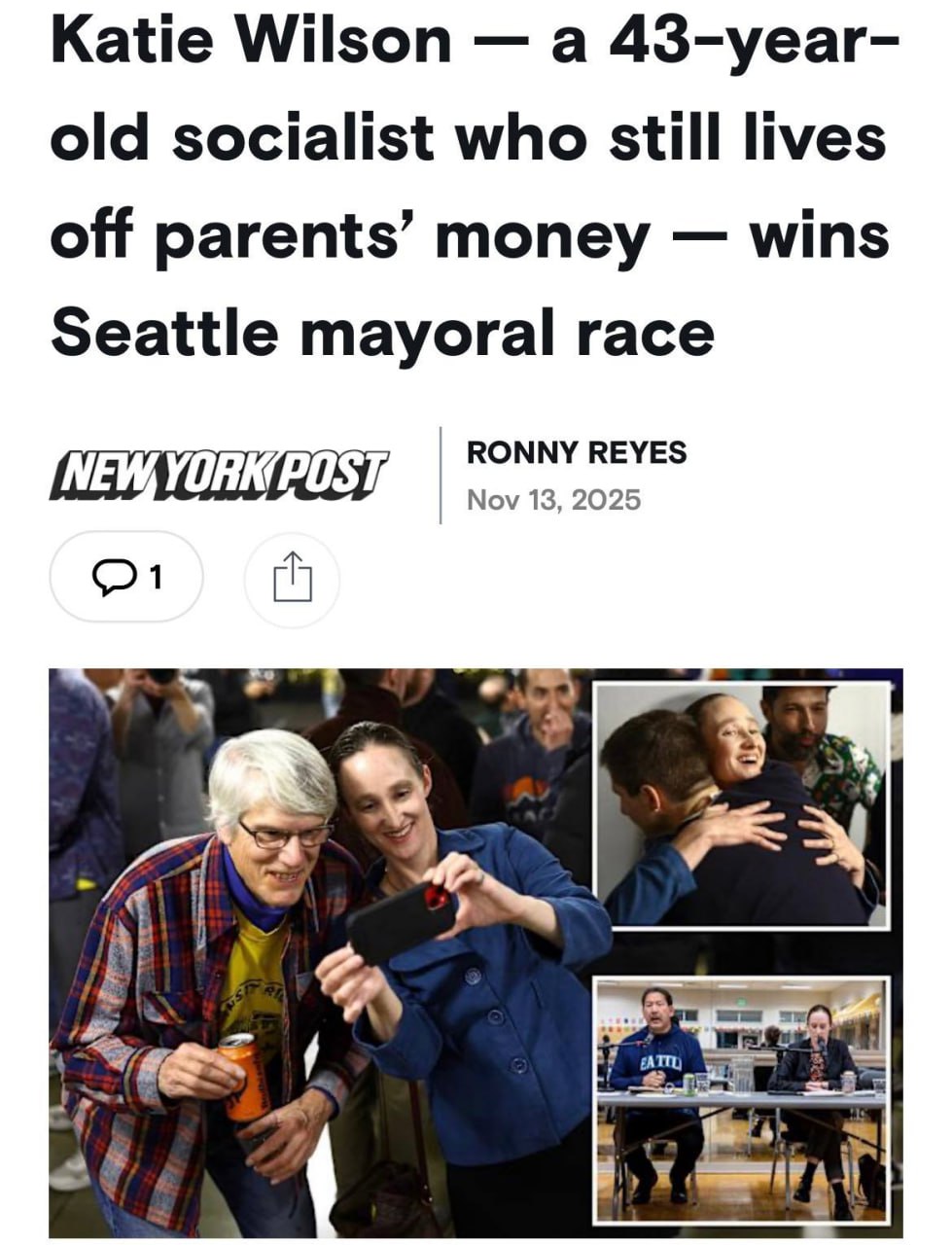 Анекдот 43 летняя мамина дочка стала мэром Сиэтла Да да градоначальником назначили взрослую женщину которая до сих пор сидит на шее у своих пожилых родителей пишет Aol Такое могло произойти только в США Кэти Уилсон уже получила под контроль 41 департамент и бюджет в 9 млрд При этом своими деньгами она распоряжаться по всей видимости не умеет и все никак не может оторваться от родительского кошелька   Подпишитесь на Абзац TG VK Дзен MAX Rutube