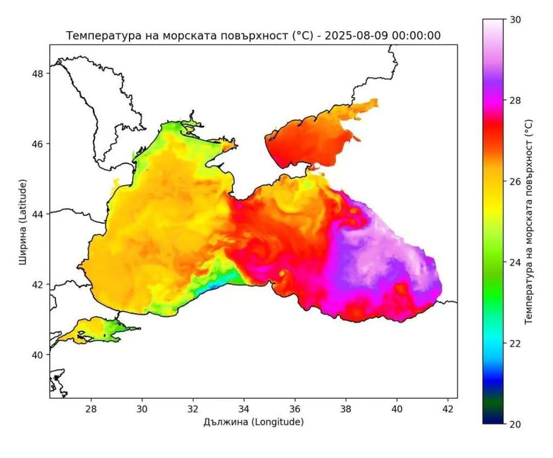 РЕЗКОЕ ПОТЕПЛЕНИЕ ВОДЫ В ЧЁРНОМ МОРЕ. — 9 августа 2025 года —  Спутниковые данные фиксируют значительное повышение температуры воды в Чёрном море. Во многих районах поверхность прогрелась до 29–30 °C, что крайне высоко для этого времени года. В восточной части моря, у побережья России, Грузии, Турции и в Азовском море температура достигает 27–29 °C, местами — до 30 °C.    Последствия потепления: — Фитопланктон — ускоренное «цветение» воды и зоны с низким кислородом. — Рыболовство — миграция и сокращение численности промысловых видов. — Туризм — рост численности медуз и ухудшение качества воды. — Штормы — осенью тёплые воды могут подпитывать более сильные циклоны, принося обильные осадки и наводнения.    Повадки климатического Цербера: