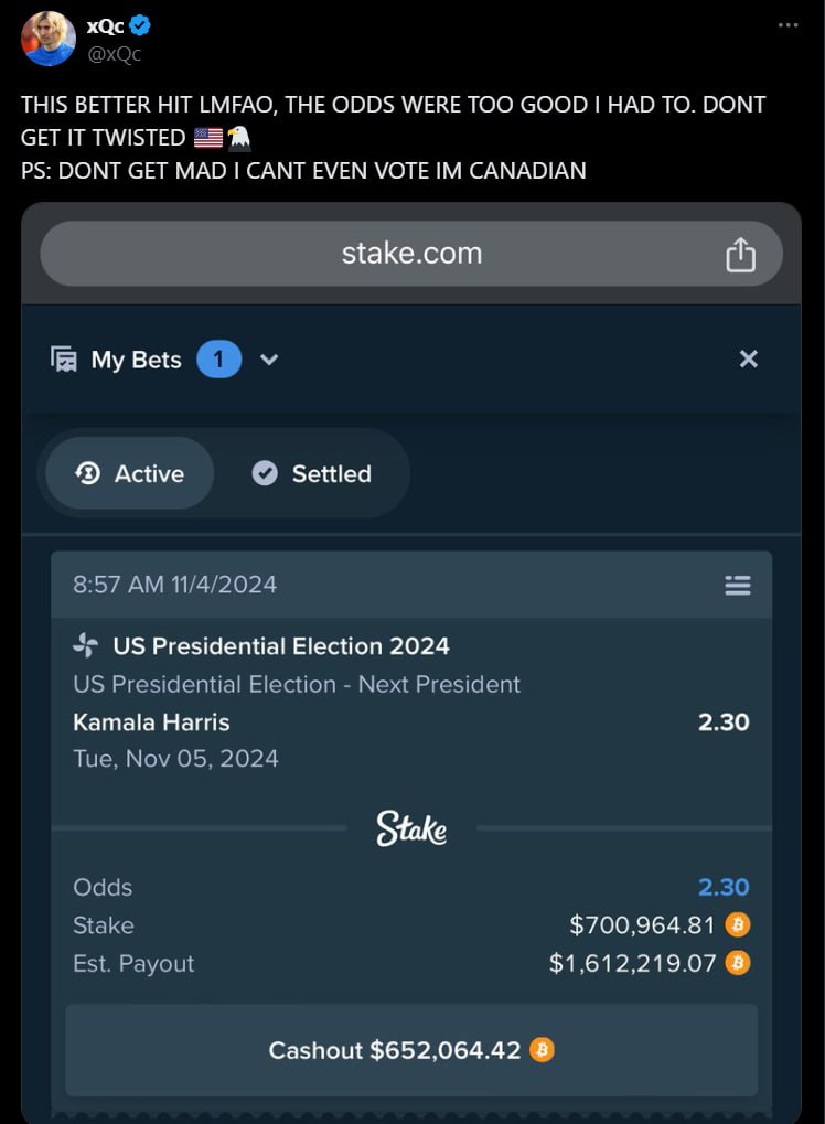 Канадский стример проиграл 700 000 долларов на выборах в США.  Вчера СМИ писали о новой ставке контент-мейкера xQc: он решил предсказать имя будущего президента США и выбрал Камалу Харрис с коэффициентом 2.3. Общий выигрыш мог составить более 1 500 000 долларов, однако вместе с Трампом ликует одна из крупнейших гемблинг-компаний.   Это не первый крупный проигрыш канадского стримера. Из самых громких «предиктов» можно вспомнить попытку «поднять бабла» на победе Франции в финале Чемпионата Мира по футболу в 2022 году. Трофей тогда забрала Аргентина, а xQc проиграл 650 000 долларов.