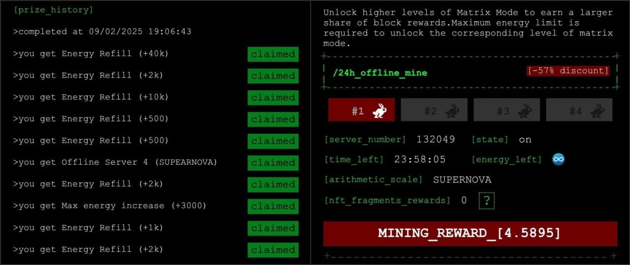 FomoHash - купил 10 боксов энергии и выбил с них самый мощный сервак Supernova, стоимостью 5,160 звёзд. Посмотрим сколько токенов он мне намайнит за сутки.    В майнере опять появились скидки на энергию и сервера. Так же не забываем про задания, там можно хорошо прокачать свою макс энергию.    Referrals   Miners   Telegram Stars  #fomohash