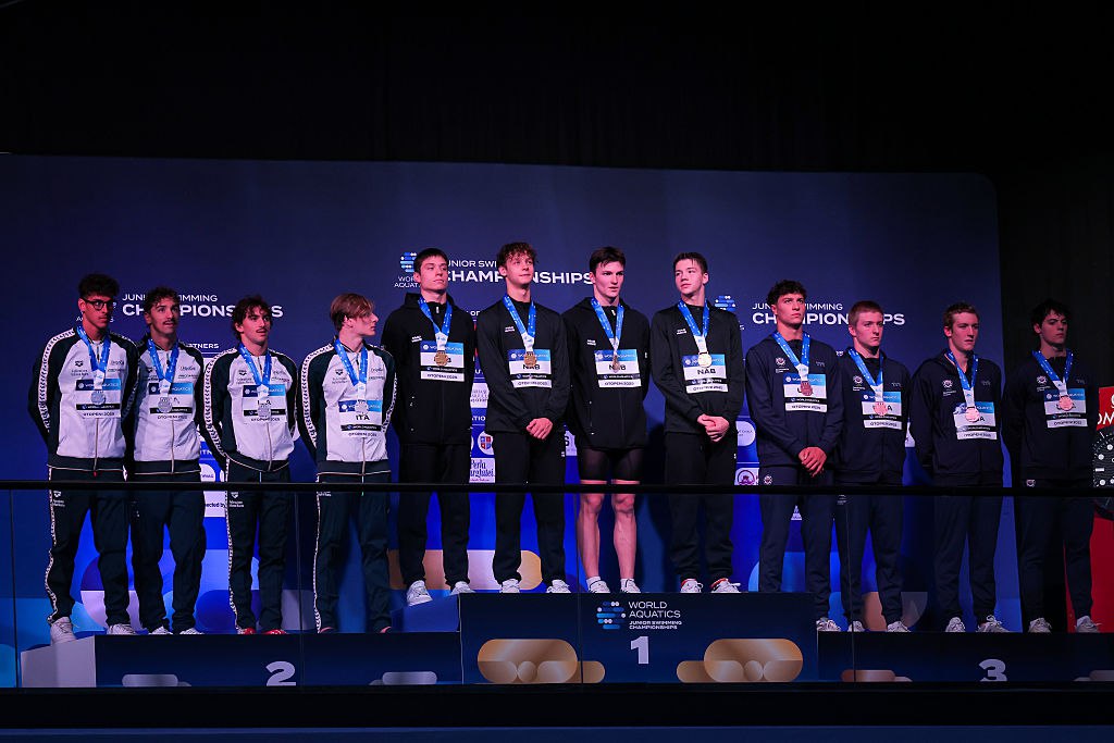 World Aquatics ратифицировала юниорский рекорд мира Щербакова Жидкова Прошина и Злотникова в эстафете 4х100 м вольным стилем Михаил Роман Егор и Георгий 19 августа на первенстве мира в Румынии показали время 3 минуты 15 38 секунды news matchtv Vasile Mihai Antonio Getty Images