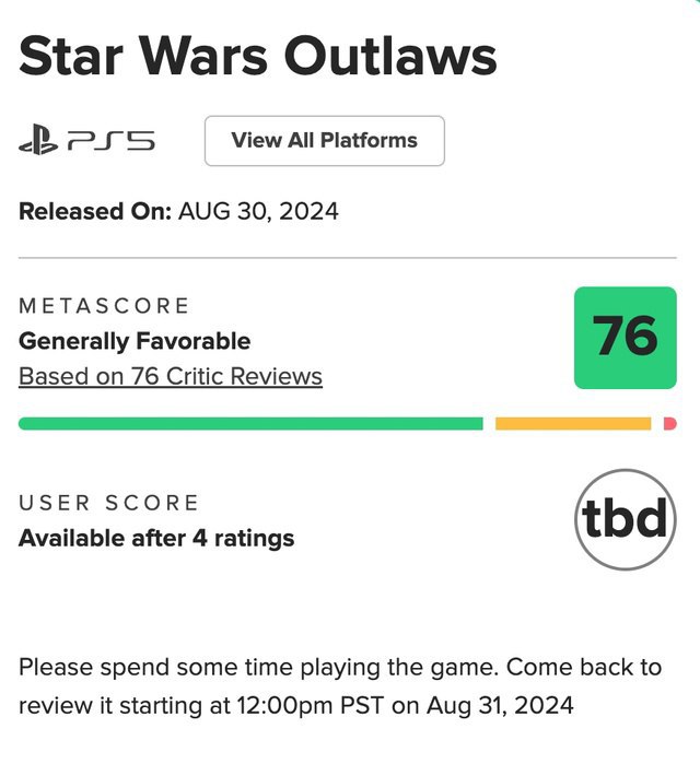 Критики оценили Star Wars Outlaws в 76 баллов из 100  Хвалят сюжет, геймплей, графику, открытый мир, отсутствие багов и даже оптимизацию. Нашлись даже обзорщики, которые сравнили игру с GTA во вселенной «Звёздных войн»