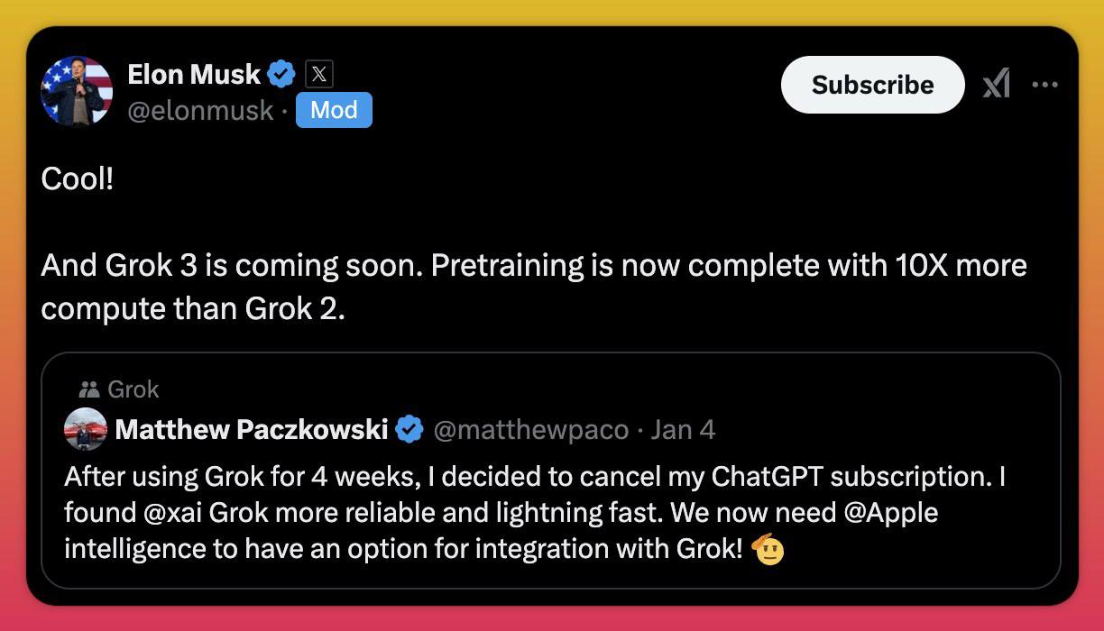 Илон Маск анонсировал Grok 3  • Также миллиардер отметил, что для обучения обновленной модели было использовано в 10 раз больше вычислительных мощностей.    Айфон Джобса