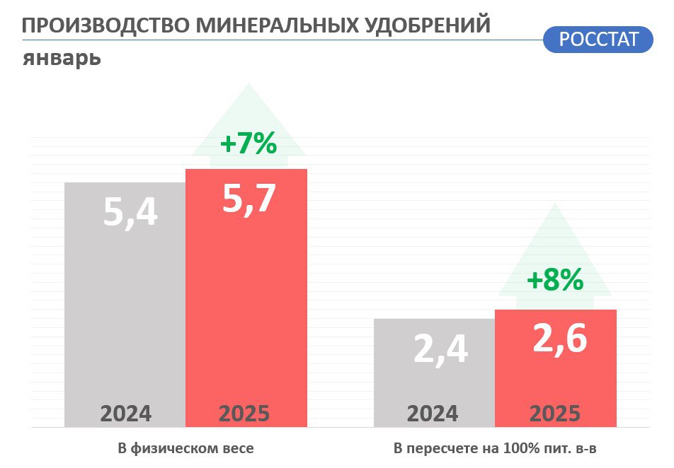 По данным Росстата, производство минеральных удобрений в январе 2025 года увеличилось на 8% в сравнении с январем 2024 года.   В пересчете на 100% питательных веществ показатель составил 2,6 млн тонн. В том числе:   - 1,2 млн тонн   +6%    - 0,4 млн тонн   +5%    - 1,0 млн тонн   +11%   #Росстат #Производство