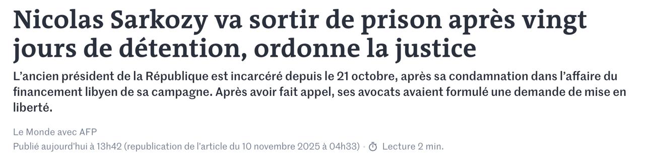 Суд Франции выпустил на свободу экс президента Николя Саркози который провел в тюрьме 3 недели из 5 лет по делу о финансировании предвыборной компании сообщает Le Monde Его освободят под судебный контроль Апелляционный суд Парижа назвал предварительное тюремное заключение Саркози необоснованным Французская прокуратура согласилась на его досрочное освобождение Саркози подключившийся к заседанию по видеосвязи заявил что его пребывание в тюрьме оказалось очень тяжёлым и изнурительным О сложностях Саркози в тюрьме мы рассказывали здесь Сайт Страна X Twitter Прислать новость фото видео Реклама на канале Помощь