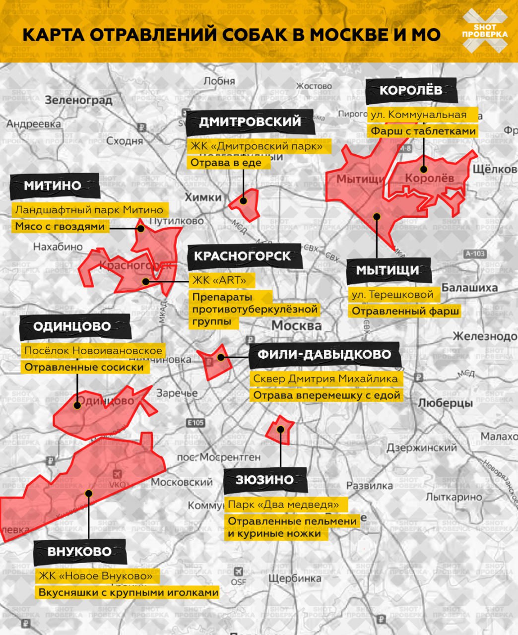 Митино на карте массовой вспышки отравлений собак догхантерами в Москве и Подмосковье - SHOT Как сообщают обеспокоенные хозяева четвероногих, догхантеры активизировались во время рекордного апрельского тепла и длительных майских праздников. В Митино догхантеры заманивают четвероногих при помощи мяса с гвоздями. Также местные сообщают, что прикормку часто оставляют не только в парках, но и на крупных пешеходных перекрёстках. - Все так? Накануне в красногорском ЖК ART погиб джек-рассел. Ещё одна собака, сиба-ину по кличке Лорд, отравилась противотуберкулёзными препаратами, что спровоцировало эпилепсию у питомца. Новости Митино Чат Митино Прислать новость