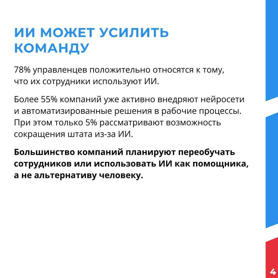 МСП считает, что ИИ может повысить производительность труда и уменьшить потребность в кадрах Об этом мы в «ОПОРЕ РОССИИ» говорим регулярно: бизнесу нужно активнее использовать искусственный интеллект — там, где он действительно помогает экономить ресурсы и ускорять процессы. Но при этом — помнить, что ИИ не заменит человека. На сессии ОПОРЫ РОССИИ на ИННОПРОМЕ предприниматели-производственники приводили примеры использования ИИ в управленческих процессах, - Павел Золотов продемонстрировал работу ИИ при наборе кадров Исследование Русской школы управления это подтверждает: предприниматели уже внедряют ИИ в рутинные процессы — от документооборота до поддержки клиентов. В карточках — какие задачи уже передают ИИ, как технологии влияют на производительность и какие навыки будут востребованы в ближайшие годы. Коллеги, изучаем и думаем, где ИИ может усилить вашу команду, сократить затраты, повысить производительность труда