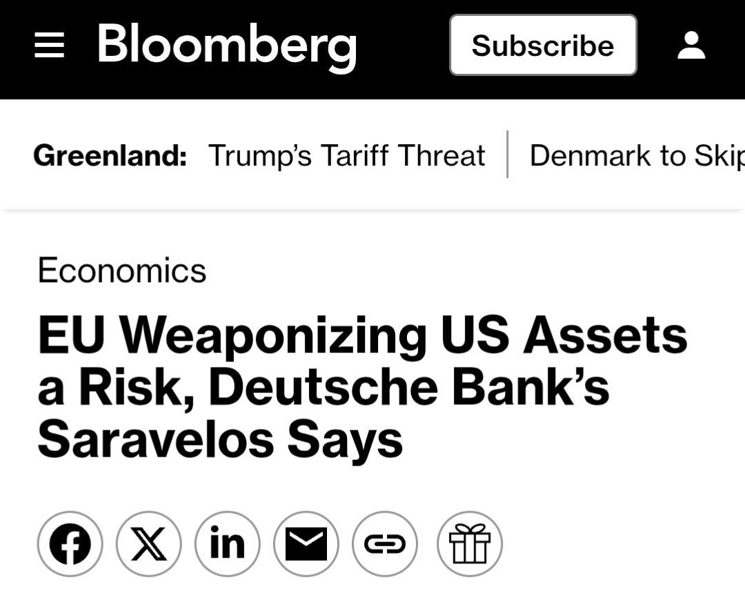 Немецкий Deutsche Bank полагает что Европа может начать продавать американские активы в ответ на новый конфликт с США и это обрушит доллар По данным Deutsche Bank Европа в настоящее время держит 8 триллионов долларов в акциях и облигациях США Аналитики Deutsche Bank отмечают что у США сейчас есть одна главная уязвимость это жизнь за счёт всего остального мира Европа может решить что больше не хочет финансировать США banksta