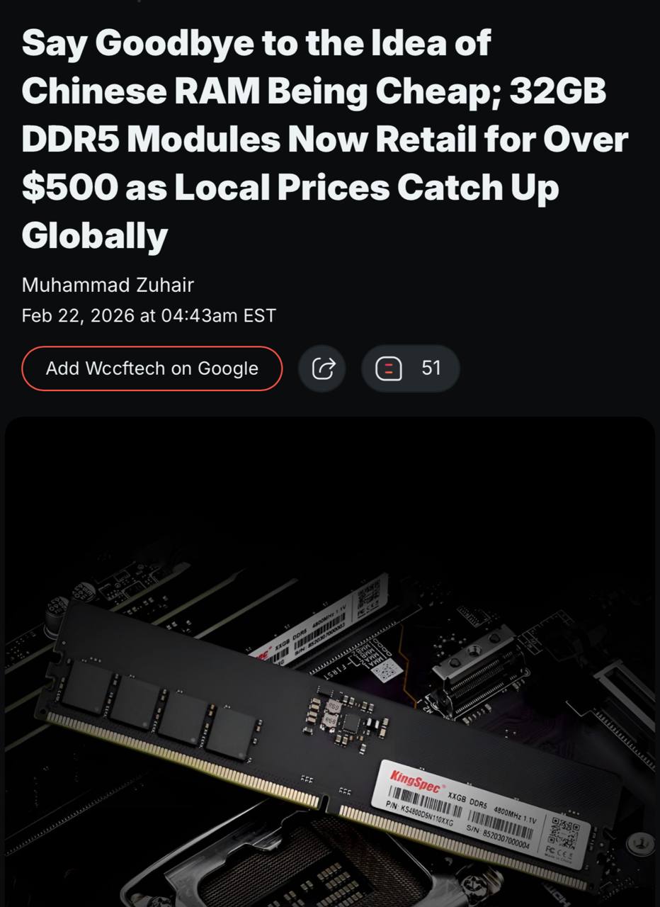 Кризис не щадит никого дешевая китайская оперативка теперь стоит дороже брендовой сообщают СМИ Китайская KingBank DDR5 6000 CL36 32 ГБ стоит 3629 юаней 530 Для сравнения аналогичные по характеристикам наборы от именитых брендов продаются примерно за 440 Это как Xiaomi который теперь дороже iPhone techmedia