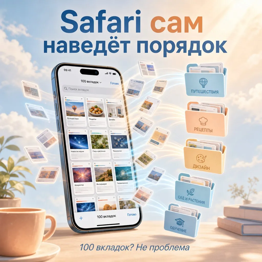 В iOS 27 Safari научится сам раскладывать вкладки по папкам Apple добавит в Safari кнопку Organize Tabs которая автоматически группирует открытые вкладки по темам Включаешь и браузер сам раскидывает всё по группам на основе того что ты читаешь Вроде мелочь но приятная Покажут на WWDC 2026 через месяц AppleInsider в MAX Подписаться