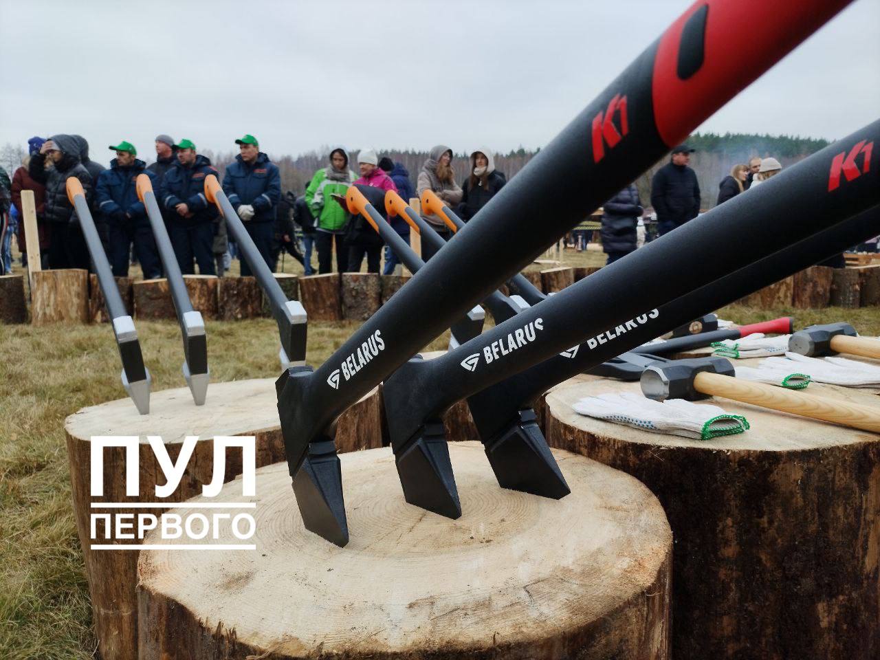 Чемпионат по колке дров среди журналистов проходит на берегу Вячи.  Участие в нем принимает Александр Лукашенко. Глава государства во время мастер-класса по колке дров презентовал белорусский топор.  Первая версия была произведена на МТЗ. Однако тогда, заметил Александр Лукашенко, изделие вышло не очень удачным.   Фото: Пул Первого  «Минск-Новости» MINSKNEWS.BY Telegram Viber FB  VK Inst TikTok  YouTube