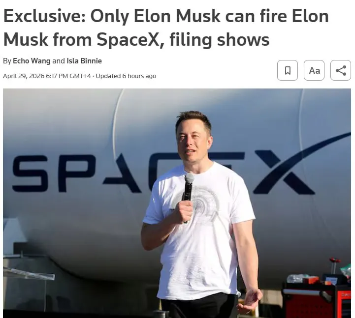 Только Илон Маск может уволить самого себя из SpaceX SpaceX сообщила инвесторам что уволить Илона Маска с поста гендиректора и главы совета директоров без согласия самого Маска не получится Решение зависит от голосования владельцев акций класса B которые после IPO будет контролировать сам Маск Геополитика