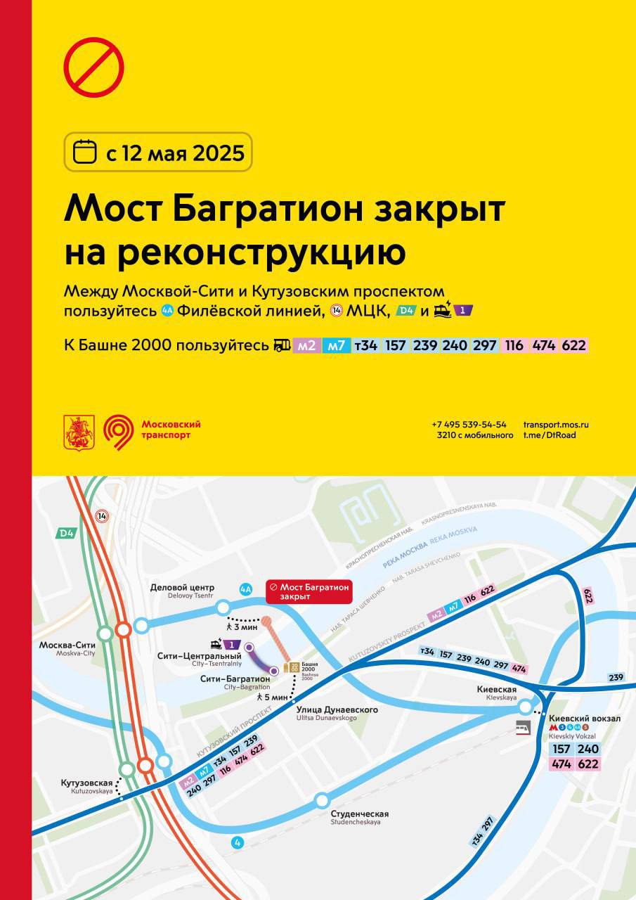 Напоминалка: с завтрашнего дня на реконструкцию закроют пешеходный мост «Багратион». Дептранс уточняет, как теперь перебираться с одного берега Москвы на другой 4 Филёвская линия метро, 4 МЦК, МЦД-4, 1 1-й маршрут регулярного речного электротранспорта, автобусные маршруты По информации Дептранса, мост планируют ремонтировать несколько лет — до 31 декабря 2030 года.