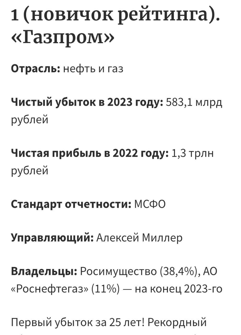 Суммарный убыток десяти самых убыточных компаний России превысил 900 млрд рублей. Львиная доля убытка приходится на «Газпром».