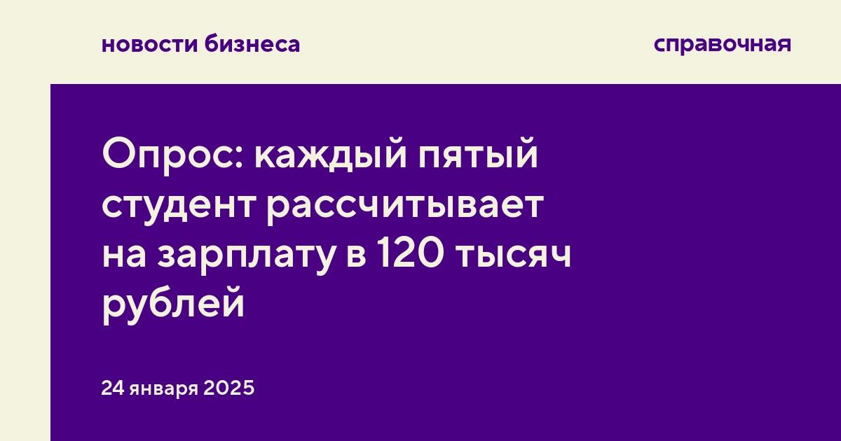 Зарплатные ожидания студентов в 2025 году выросли: во время учёбы они рассчитывают на зарплату в среднем в 66 500 рублей в месяц  на 9% больше, чем годом ранее , а после выпуска — на 88 000 рублей в месяц  +8% .   В этом году рекордное количество респондентов  21%  выбрали вариант с зарплатой в 120 тысяч рублей и более, выяснила компания FutureToday, опросив 400 тысяч молодых специалистов в начале года. В прошлые опросы этот уровень дохода выбирали 8–12% студентов.   Доля выпускников, которые рассчитывают на зарплату в 110–120 тысяч рублей, выросла с 3 до 8%. Меньше 50 тысяч рублей в месяц готовы получать только 10% будущих специалистов. Для сравнения, в 2024 году на такую зарплату соглашались 17% студентов, в 2023 году — 30%.   Топ-5 критериев для выбора работы у студентов выглядит так:   гибкий график  59% ;   баланс работы и личной жизни  57% ;   дружный коллектив  39% ;   высокая зарплата на стартовой позиции  35% ;  быстрый карьерный рост  29% .   74% учащихся после выпуска планируют работать по специальности, чаще других на это рассчитывают IT-специалисты, а также химики, физики и биологи.