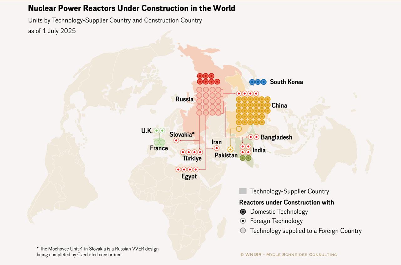 По состоянию на середину 2025 года АЭС эксплуатировались в 31 стране мира минус Тайвань Россия фактически доминирует на международном рынке в качестве поставщика технологий отмечают авторы World Nuclear Industry Status Report 2025 Доля ядерной энергетики в мировом коммерческом производстве электроэнергии снизилась очень незначительно на 0 13 процентных пункта и достигла 9 процентов в 2024 году что более чем на 45 ниже пикового показателя в 17 5 в 1996 году При этом выработка увеличилась на 2 9 в годовом выражении достигнув 2677 ТВт ч в частности благодаря росту в Китае В 2024 году было запущено 7 новых реакторов и 4 выведено По состоянию на конец 2024 года общая мощность мирового парка достигла рекордных 369 4 ГВт после чего к середине 2025 года вновь немного снизилась до 368 7 ГВт