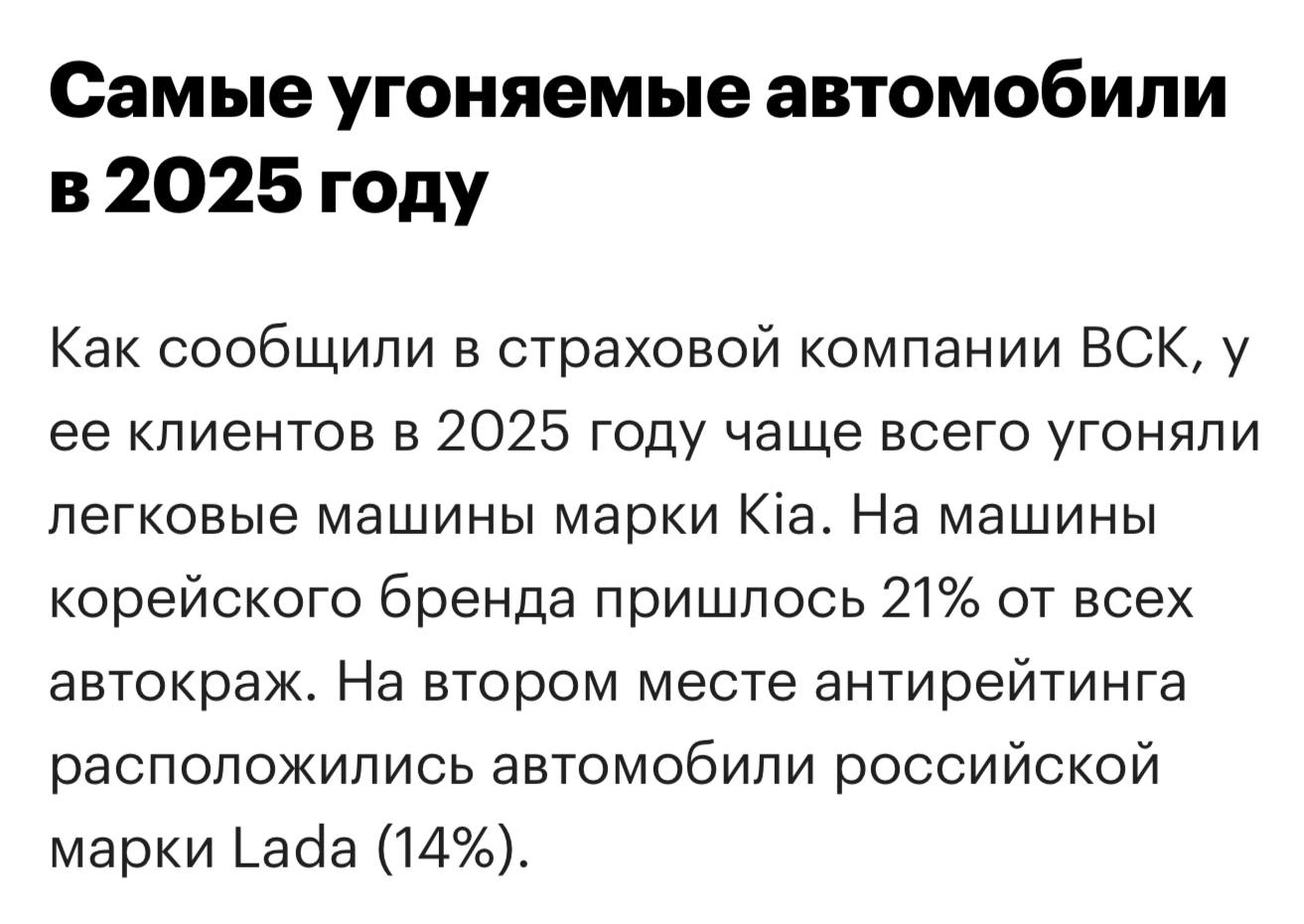 Лада заняла третье место среди самых угоняемых автомобилей в 2025 году По данным страховых компаний доля угонов российских машин составила 14 уступая лишь корейской Kia 21 Наиболее популярной моделью у злоумышленников стала Kia Stinger на которую пришлось 14 всех случаев хищений investing investing