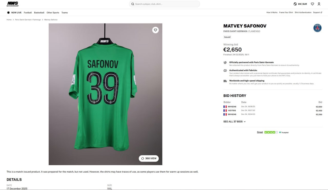 Футболка Сафонова с финала Межконтинентального кубка ушла с молотка за 2650 Это четвертый показатель в команде дороже оказались только лоты Фабиана Руиса Вильяна Пачо и абсолютного лидера Дезире Дуэ 20 155