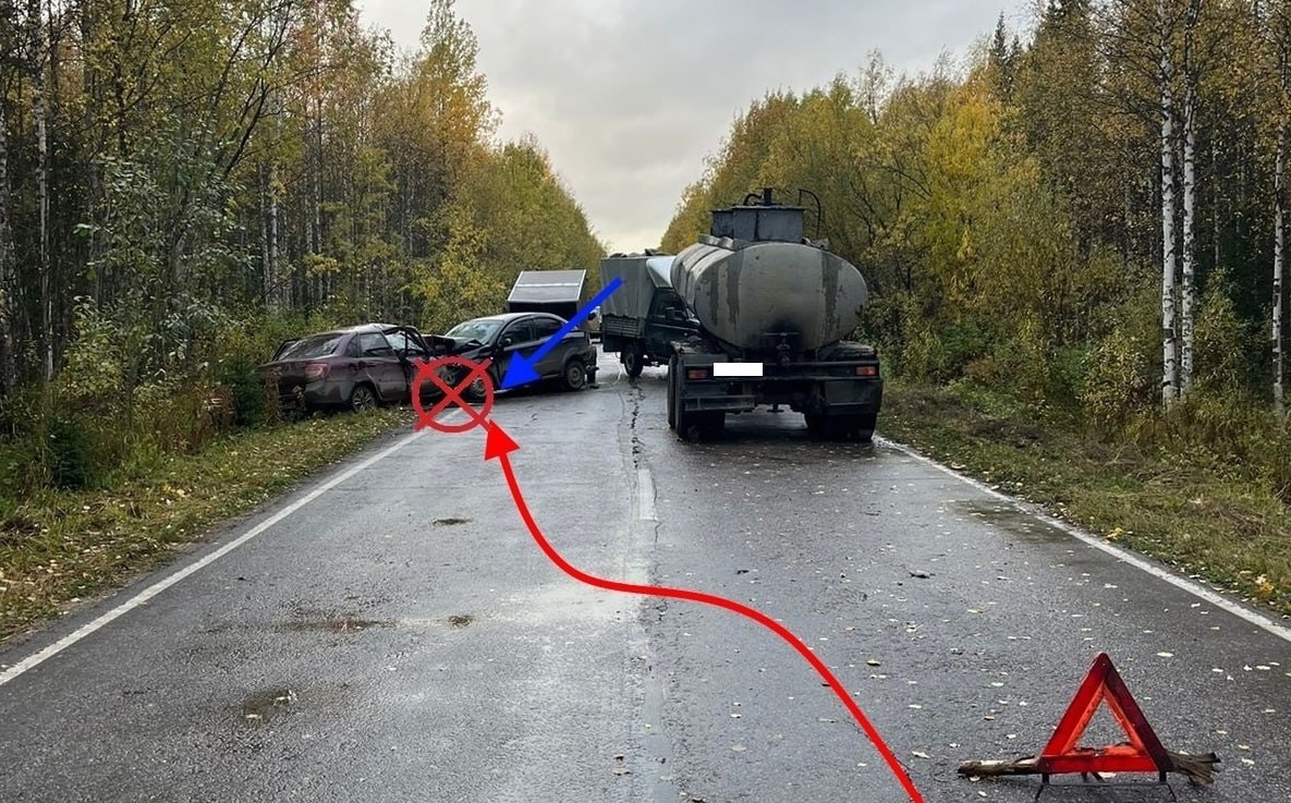 В Удорском районе в ДТП пострадали четыре человека  Водитель 1987 года рождения, управляя автомобилем Lada Granta, ехал по дороге Усогорск —Благоево — Чупрово. На 24-м километре дороги мужчина решил объехать полуприцеп-цистерну, не убедился в безопасности маневра и выехал на полосу для встречного движения, где столкнулся с машиной Chevrolet Aveo.