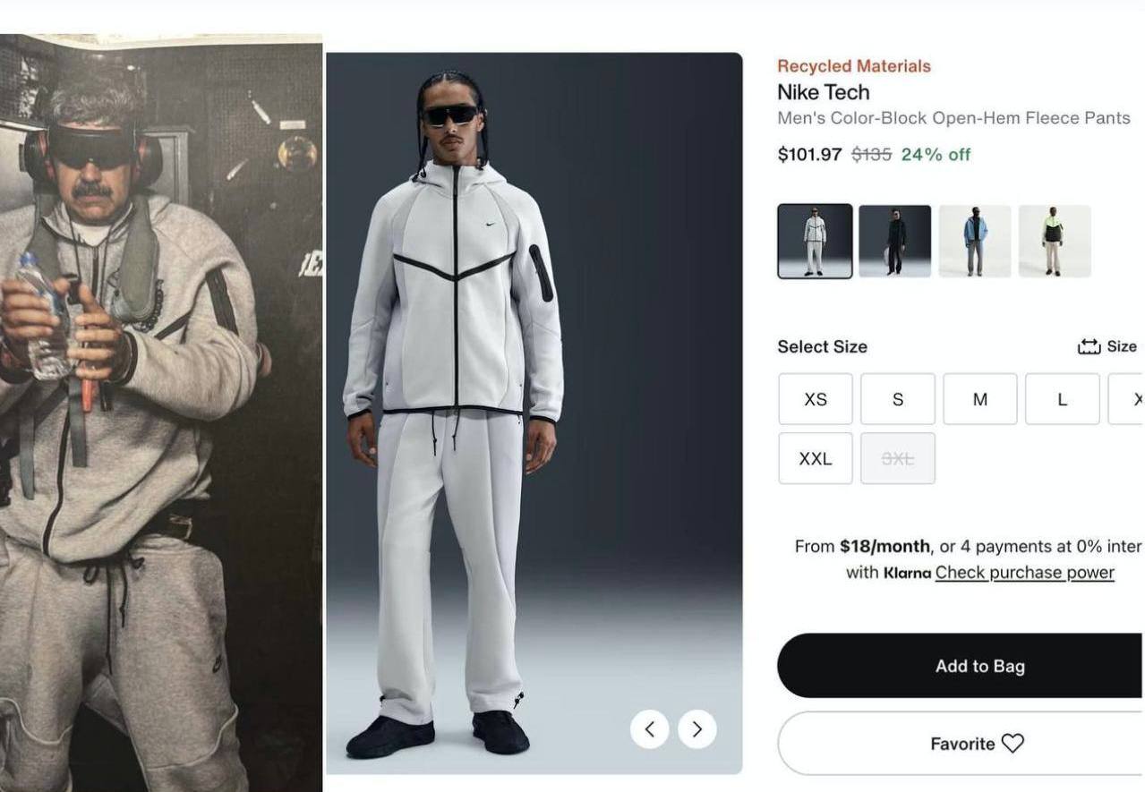 Продажи спортивного костюма Nike Tech Fleece резко взлетели после публикации фото задержанного Мадуро в нём Это первый модный тренд 2026 года На официальном сайте Nike распродана уже половина размеров модели олимпийки bankoffo