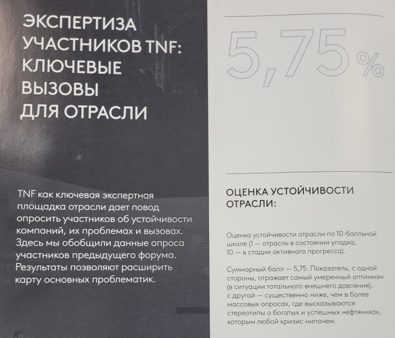 Результаты социологического исследования перспектив нефтегазовой отрасли презентовали сегодня на форуме TNF. … Опрошенные «Платформой» эксперты оценили уровень устойчивости российского ТЭК умеренно-оптимистично – в 5,75 баллов по 10-балльной шкале.  … Топ-5 стратегических вызовов, которые предстоит решить: кадровый дефицит, технологический суверенитет, стабилизация ресурсной базы, санкционные ограничения, глобальный спрос на углеводороды на фоне энергоперехода.