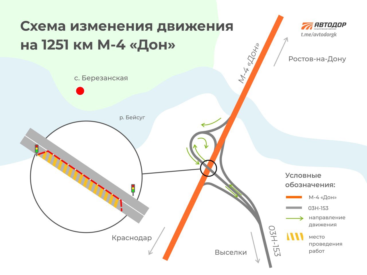 На путепроводе на 1251 км трассы М-4 «Дон» вводят реверсивное движение  Для удобства жителей и гостей Краснодарского края при ремонте искусственного сооружения, расположенном на 1251 км трассы М-4 «Дон», будет организовано реверсивное движение со светофорным регулированием.    Приступить к установке временной схемы дорожного движения на объекте планируется с 5 марта. Снятие реверсивного движения намечено на конец ноября этого года.  После завершения строительно-монтажных работ движение по путепроводу будет открыто в полном объеме — по двум полосам.  Ранее сообщалось, что запуск движения по путепроводу планировался на лето этого года, но при полном перекрытии движения. В связи с тем, что ремонтные работы будут выполняться с организацией реверсивного движения со светофорным регулированием, запуск движения по искусственному сооружению планируется в четвертом квартале текущего года.  Просим автомобилистов быть внимательными, неукоснительно соблюдать Правила дорожного движения и учитывать изменения при планировании поездок. Приносим извинения за временные неудобства!    Подписывайтесь и следите за новостями