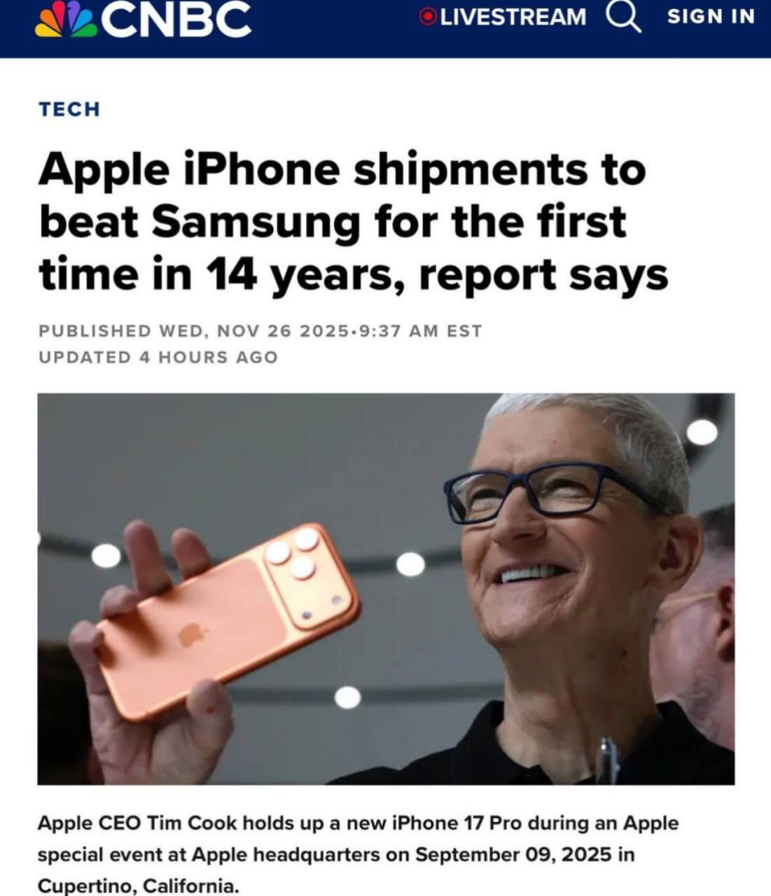 Apple впервые за 14 лет обошла Samsung по объёму поставленных смартфонов По итогам этого года компания отгрузила 243 млн iPhone а Samsung 235 млн Доля Apple на мировом рынке достигла 19 4 у Samsung 18 7 Последний раз такая статистика была в 2011 году когда вышел iPhone 4 Фактически как пишут СМИ iPhone стал полноценным продуктом массмаркета