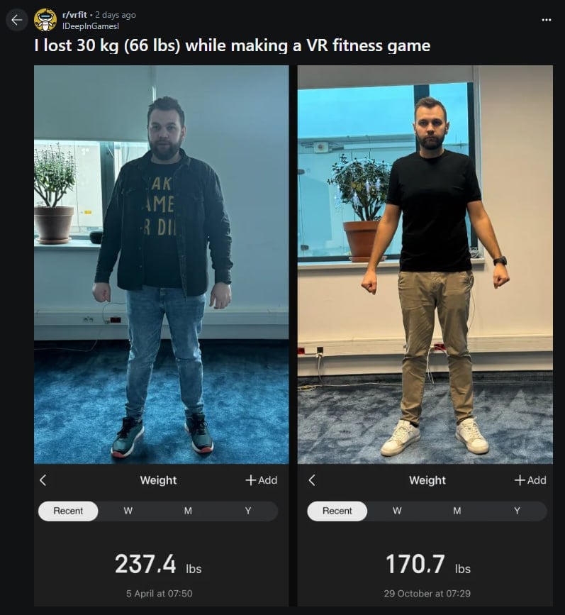 Разработчик VR-игры Fitness Fables не просто её создал — он похудел на 30 кг, пока тестировал. Теперь реддиторы шутят, что это лучшая реклама, чем любой трейлер.  Работая над проектом, он превратил обычные тесты в полноценные тренировки: приседания, рывки, гребля — всё ради проверки механик. В итоге — никакого зала, только VR и минус 30 кг.  Игра уже вышла. Осталось проверить, работает ли это на всех, а не только на разработчиках.  Подписаться   Дать буст