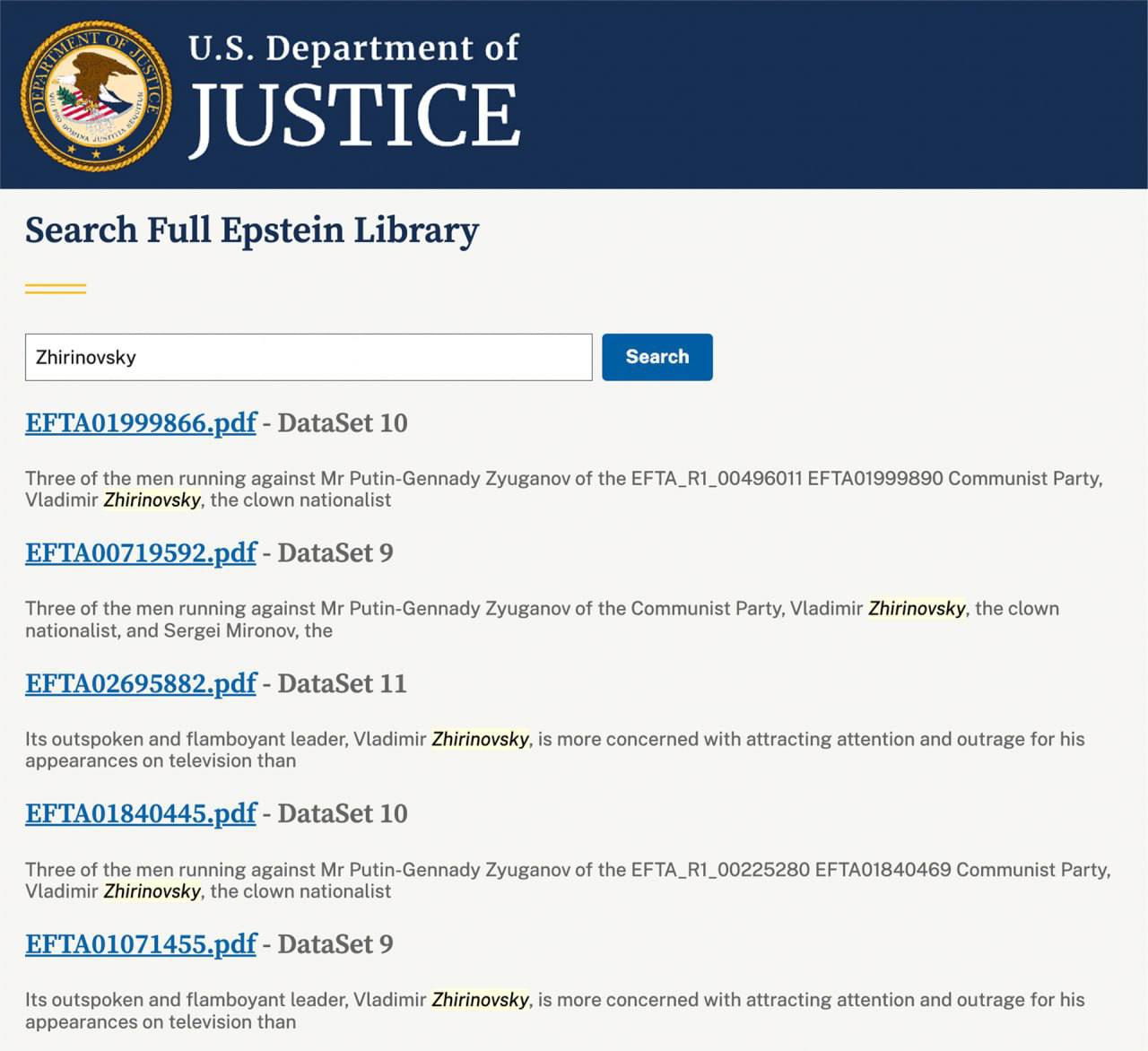 В файлах Эпштейна обнаружились упоминания Владимира Жириновского Он упоминается в архиве по делу Джеффри Эпштейна пять раз в двух статьях Foreign Affairs и The Economist за 2011 и 2012 годы СМИ пишут что эти упоминания как правило не говорят о какой либо связи с островом и преступлениями Эпштейна Многие из опубликованных материалов могут только косвенно касаться расследования дела или лиц связанных с ним ВПШ
