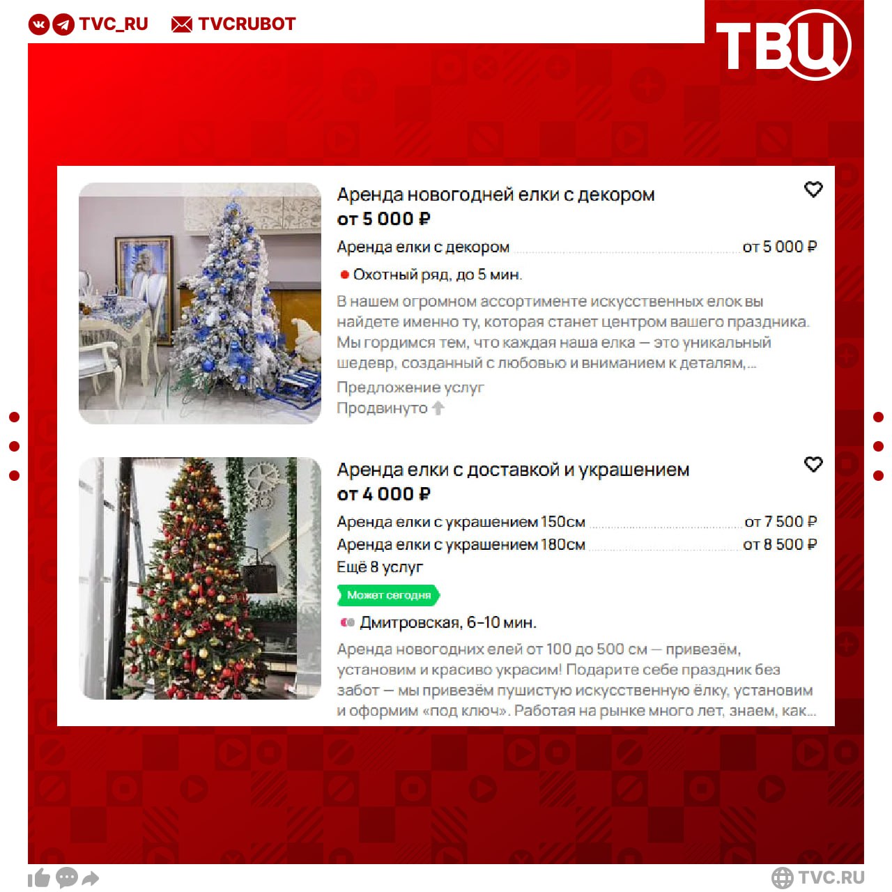 Россияне стали массово арендовать наряженные елки на Новый год Цены на елки в аренду начинаются от 5 тысяч рублей За некоторые экземпляры придется отдать больше 50 тысяч рублей Продавцы отмечают что аренда атрибута обойдется дешевле чем его покупка а хлопот с ним будет меньше К тому же такой способ украсить дом помогает окружающей среде убеждают покупателей Подписаться на ТВЦ в MAX Что думаете Отличная идея У каждого должна быть СВОЯ елка