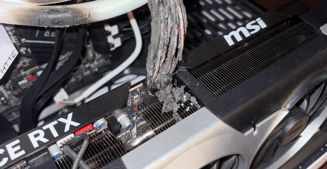 У геймера в канун Рождества вместо елки загорелась видеокарта RTX 5090 разъем не просто оплавился он обуглился Погорелец говорит что использовал блок питания соответствующий стандарту ATX 3 1 PowerSpec 1050 GFM и нативный кабель 12V 2x6 поставляемый в комплекте без адаптеров которые часто критикуют за проблемы с предыдущими моделями вроде RTX 4090
