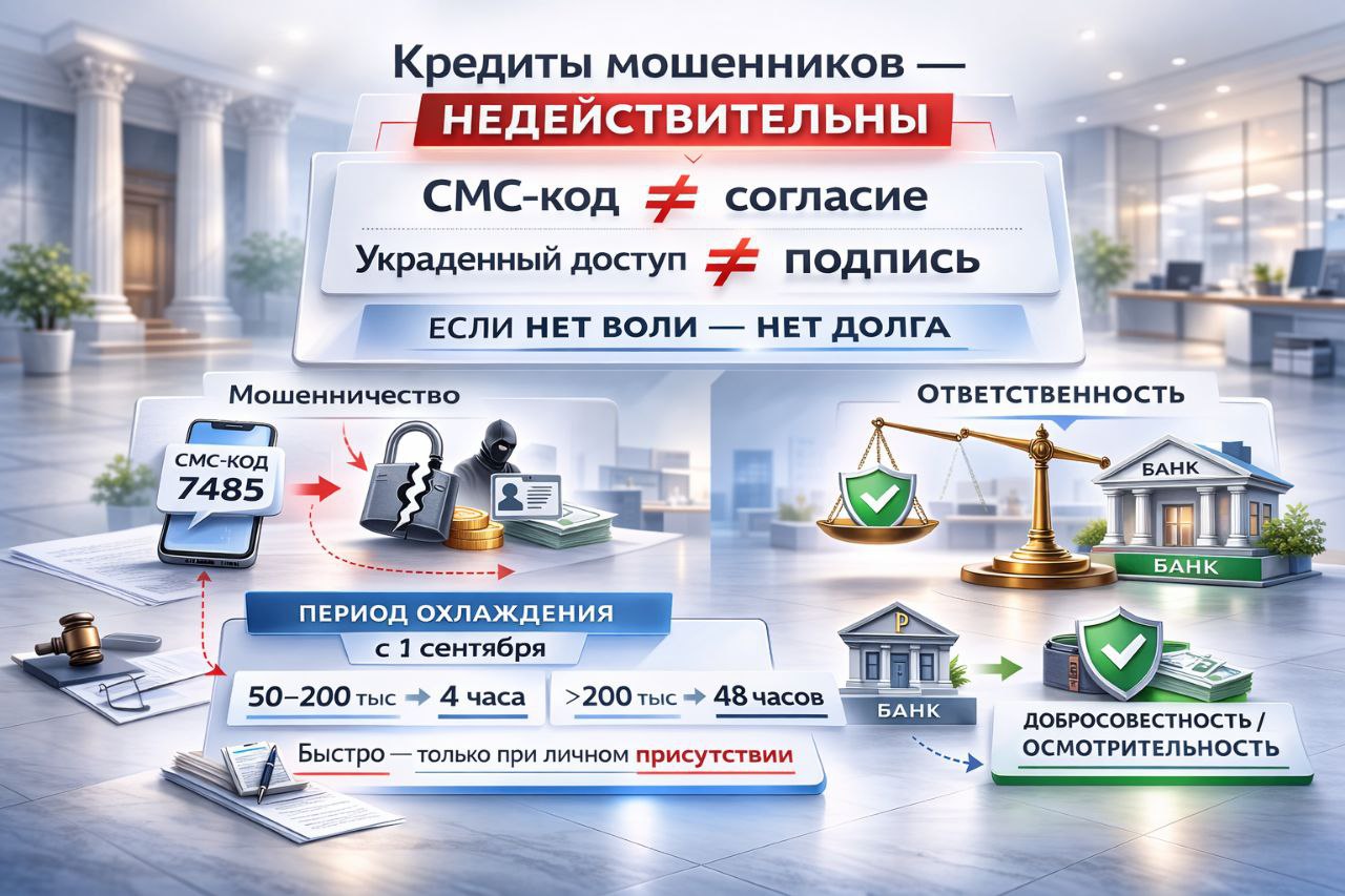Российской судебной системе дан четкий сигнал кредиты оформленные мошенниками вне закона Это прозвучало на совещании судей всех инстанций страны с участием Президента Владимира Путина Формулировка Верховного Суда РФ предельно жесткая телефонный код не согласие а украденный доступ не подпись Если воля отсутствует долг также отсутствует Речь идет о дистанционных схемах где займы оформлялись через украденные доступы когда мошенник от имени банка или другой структуры убедил жертву продиктовать СМС код для доступа к госуслугам или установить вредоносное приложение Судебная коллегия по гражданским делам прямо указала отсутствие реального согласия заемщика означает отсутствие самой сделки Это глобальный разворот в практике наконец то ответственность смещается с жертвы на финансовую организацию Банкам фактически напомнили об их стандарте добросовестности если их процедуры позволяют навешивать кредиты без реального подтверждения воли клиента пусть сами и несут эти риски Суды при рассмотрении жалоб обязаны проверять проявил ли банк должную осмотрительность Параллельно с 1 сентября действует механизм периода охлаждения по займам от 50 до 200 тысяч рублей доступ к средствам открывается через 4 часа свыше 200 тысяч через 48 часов В это время клиент вправе отказаться от кредита Быстрое оформление допускается только при личном присутствии Топ Бизнес Подписаться в MAX