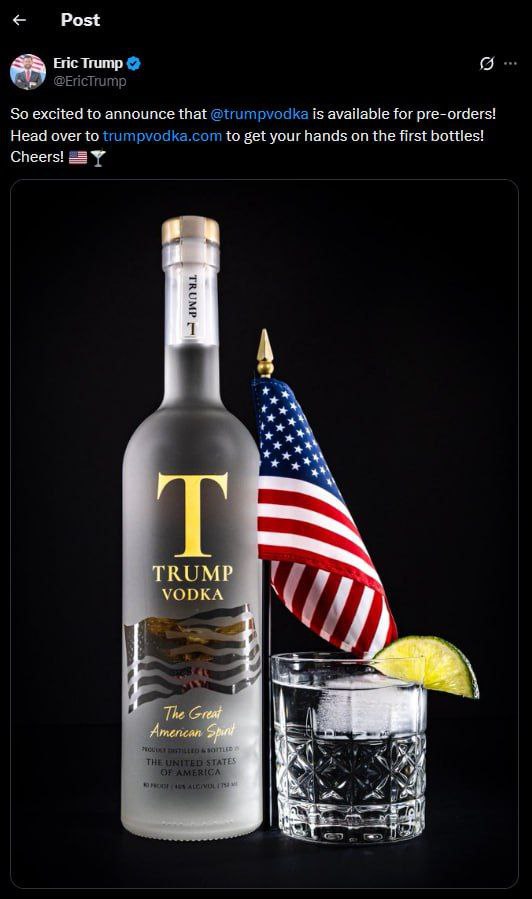 Сын Дональда Трампа Эрик анонсировал предзаказ водки с именным брендом Trump Рад сообщить что Trump vodka доступна для предварительных заказов На сайте бутылку 0 7 литра можно предварительно заказать за 47 45 доллара Наш канал в MAX