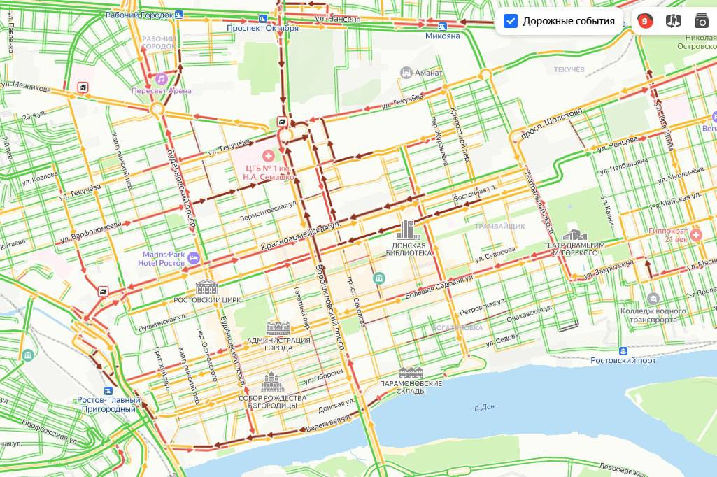 Пробки в городе достигли 9 баллов, хотя ещё нет и пяти вечера.   Новости №1 в Ростове  Прислать новость/фото