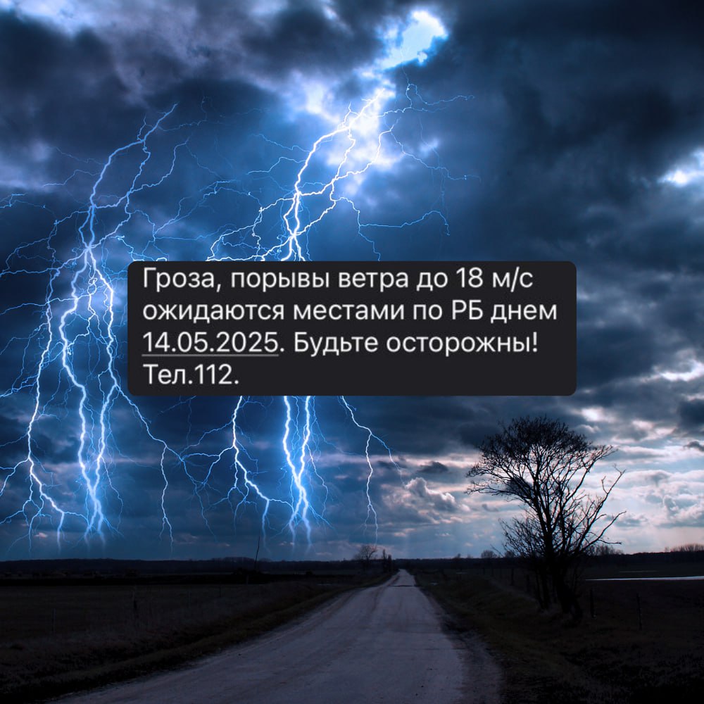 Завтра Башкирию ждет непогода. 14 мая в регионе пройдут дожди с грозами. Кроме того, ожидается сильный шквалистый ветер — порывы до 18 м/с. Подпишись на «Короче, Стерлитамак»