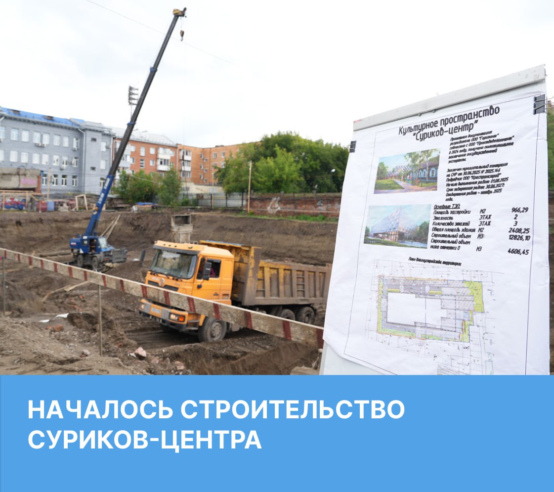 Сейчас на площадке будущего центра завершают устройство котлована. Подрядчик готовится заливать фундамент для здания.  Объект должен быть готов к середине 2027 года. На работах задействовано порядка 15 человек, в следующем году планируется привлечь уже 70 специалистов. Дождь, конечно, вносит свои коррективы в работу строителей, но сейчас работы идут в графике.  Сегодня на объекте побывал заместитель главы города – руководитель департамента градостроительства Сергей Шикунов совместно с председателем Красноярского городского Совета депутатов Наталией Фирюлиной.  Пространство станет подарком к 180-летию Василия Ивановича Сурикова и к 400-летию Красноярска. Суриков-центр будет частью музея-усадьбы, одновременно его смогут посетить 270 человек.