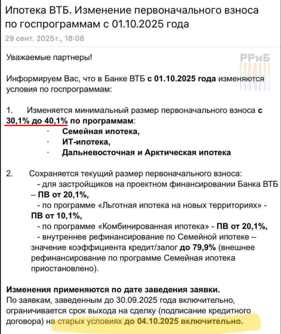 ВТБ резко повышает первоначальный взнос по ипотеке до 40 Изменения касаются IT и семейной программ а также арктической и дальневосточной ипотеки Клиентам банка начали рассылать письма с предупреждениями о смене условий с 1 октября retailrus