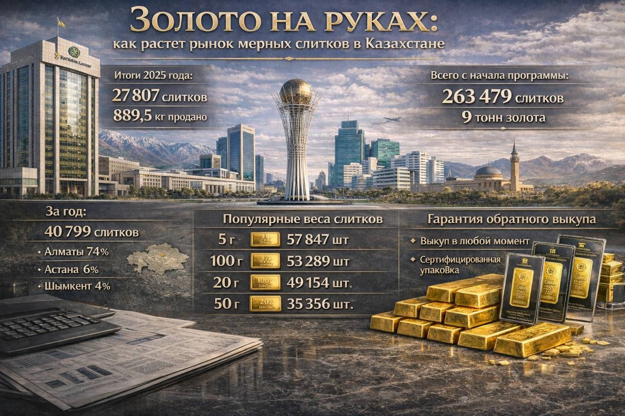 Золото на руках как растет рынок мерных слитков в Казахстане Национальный Банк подвел итоги реализации мерных золотых слитков за 2025 год где отмечается устойчивый интерес населения к физическому золоту как инструменту сбережения и диверсификации По итогам года Национальный Банк реализовал банкам второго уровня и отдельным небанковским обменным пунктам 27 807 мерных слитков общим весом 889 5 кг С учетом операций обратного выкупа банками и обменными пунктами населению было продано 40 799 слитков общим весом 1 1 т Таким образом вторичный оборот и механизм выкупа фактически расширяют емкость рынка по сравнению с первичной поставкой С начала действия программы количество реализованных слитков достигло 263 479 единиц общим весом 9 т Это уже полноценный сегмент розничного инвестиционного рынка  Региональная концентрация География спроса остается высокой по степени концентрации  На Алматы приходится 20 526 слитков или 74 от объема 2025 года  Астана формирует 6 1 650 шт продаж  Шымкент 4 1 099 шт Фактически три крупнейших города аккумулируют подавляющую часть операций по мерным слиткам  Структура спроса по весу Наибольшей популярностью пользуется слиток весом 10 грамм 67 833 штуки или 26 совокупных продаж с начала программы Далее следуют  5 грамм 57 847 штук или 22  100 грамм 53 289 штук или 20  20 грамм 49 154 штуки или 19  50 грамм 35 356 штук или 13 Структура показывает что основной спрос сосредоточен в среднем ценовом диапазоне 10 граммовый слиток становится компромиссом между доступностью и инвестиционной логикой При этом заметна и доля 100 граммовых слитков что указывает на присутствие более крупных частных инвесторов  Ликвидность как ключевой фактор Главное условие функционирования этого рынка механизм обратного выкупа с выплатой средств клиенту день в день Именно этот элемент формирует доверие и снижает барьер входа Каждый слиток выпускается с защитными элементами и в специальной упаковке которая одновременно выполняет функцию сертификата качества Это снижает транзакционные риски и упрощает проверку подлинности Рынок мерных слитков в Казахстане перешел в устойчивую модель розничного инвестиционного инструмента Концентрация спроса в крупнейших городах и доминирование 10 граммового формата отражают формирование массового но еще умеренного по масштабу инвестиционного поведения При сохранении механизма обратного выкупа и прозрачной инфраструктуры этот сегмент способен стать стабильным каналом сбережений повышая финансовую устойчивость домохозяйств и углубляя внутренний рынок драгоценных металлов P S Рисунок сгенерирован с помощью искусственного интеллекта ChatGPT Финансы TENGENOMIKA