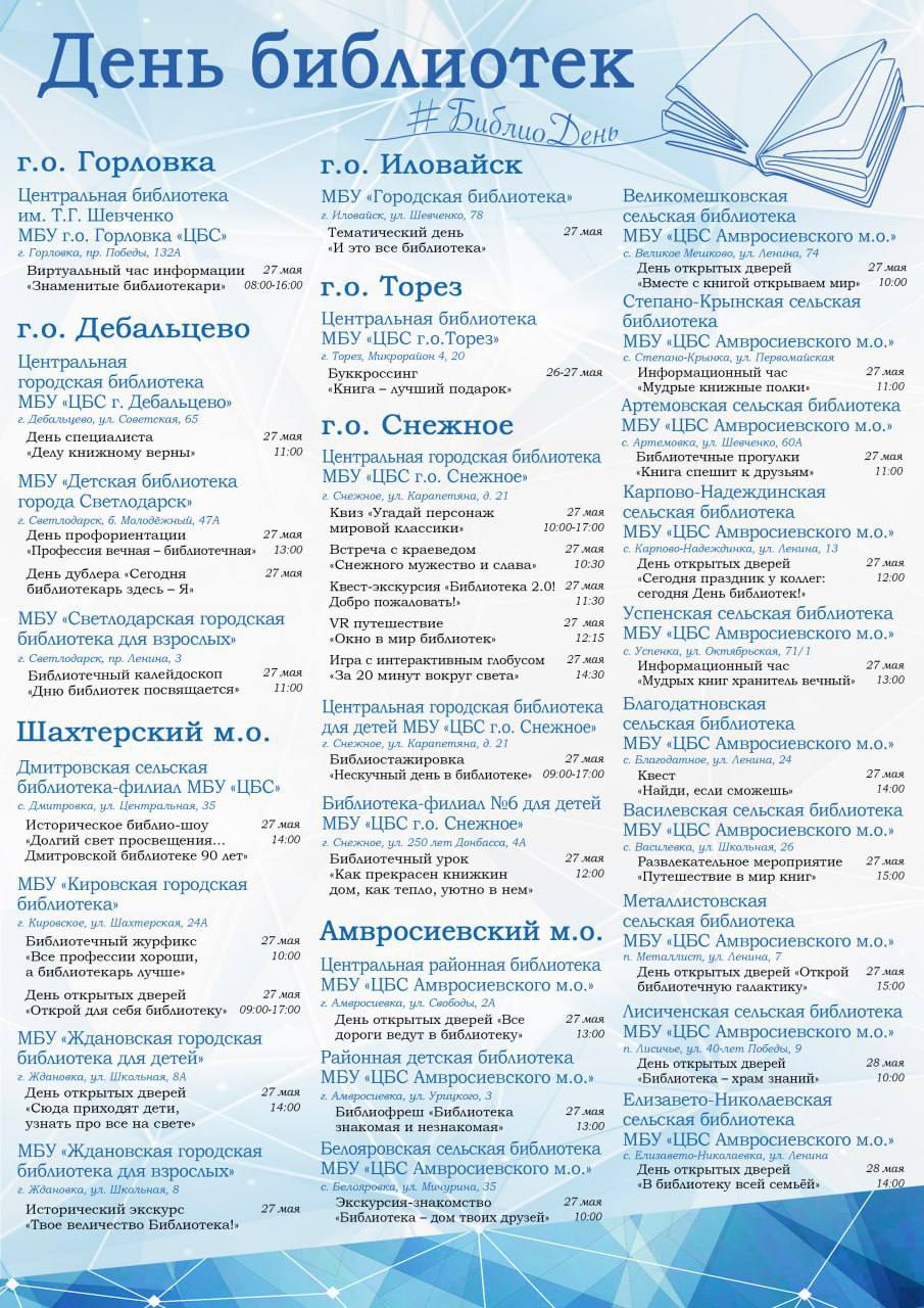 27 мая в городских и муниципальных округах Донецкой Народной Республики пройдут мероприятия, посвященные Общероссийскому Дню библиотек.  «Ежегодно в рамках праздника проходят многочисленные масштабные мероприятия для детей и взрослых. В этом году они пройдут более чем в 75 библиотеках, в которых состоится свыше 120 мероприятий.  Читатели станут участниками информационно-развлекательных программ, презентаций книг, игр, турниров, творческих встреч, мастер-классов и литературных акций», - сообщил министр культуры ДНР Михаил Желтяков.  Подписаться